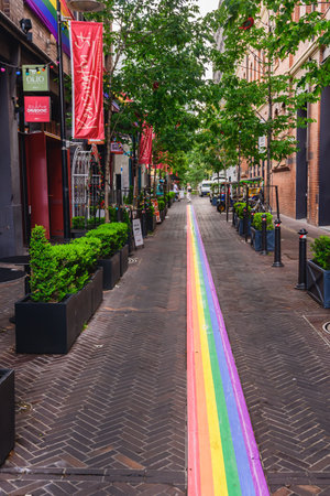 Sydney, Australia - March 03, 2023: Urban architecture, walkway decorated with a colorful rainbow during Sydney WorldPride.のeditorial素材