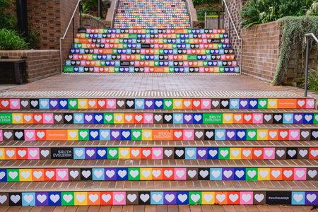 Sydney, Australia - March 03, 2023: Urban architecture, stairs decorated with rainbow colors and...
