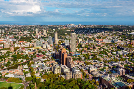 Sydney, Australia - March 04, 2023: Sydney Tower Eye, view from the top of the observation tower on the city skyline, urban buildings.のeditorial素材