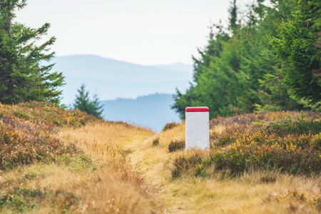 Karkonosze Mountains, Western Sudetes, Polish-Czech border post on a mountain hiking trail leading...