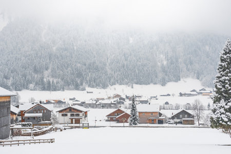 Austria, Schoppernau 14 February 2025 - Alps winter landscape, a small town in a mountain valley,...