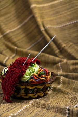 Balls of colored yarn for hand knitting in a decorative basketの写真素材