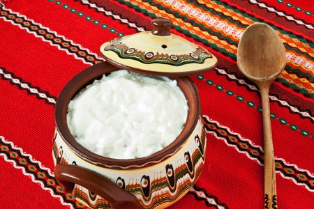 Balkan Homemade yogurt served in traditional ceramic bowlの写真素材
