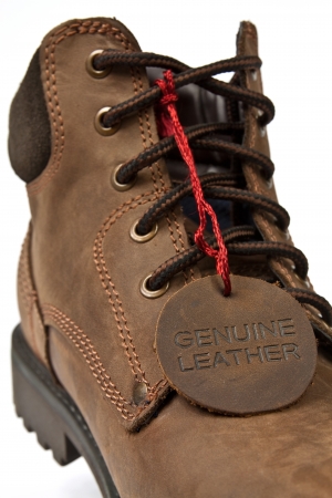 Mens brown leather boots with a red label strings