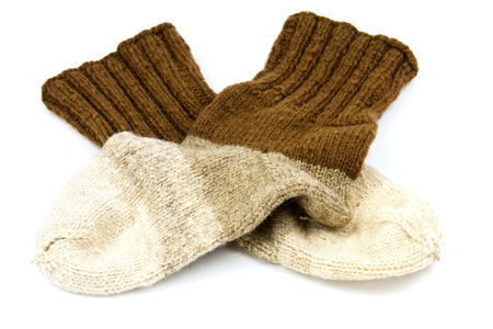 Traditional hand-knit wool socks in three colorsの写真素材