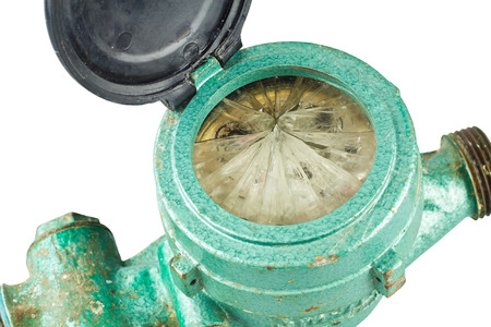 Old water meter isolated on white backgroundの写真素材