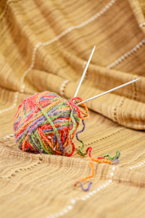 Balls of colored yarn for knitting. Selective focus with shallow depth of field.の写真素材