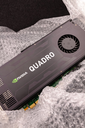 Burgas, Bulgaria - August 8, 2024: Graphics card model Nvidia Quadro K 4000. Selective focus with...