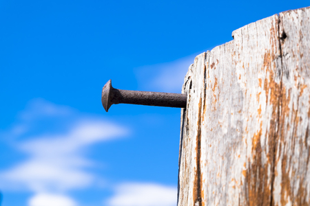 Rusted Nail Stick out of The Old Logの写真素材