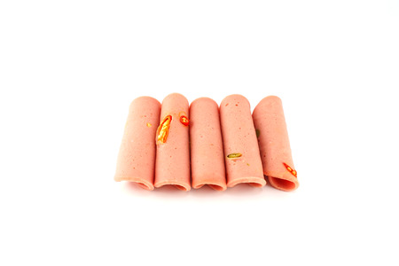 Spicy Bologna Ham Slides Isolated, White Backgroundの写真素材