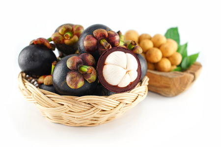 Mangosteen and Longkong on White Wooden Backgroundの写真素材