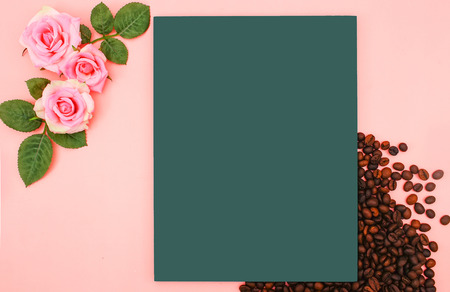 Coffee Beans Concept with Blank Menu Chalkboard on Pink Rose Background, Flat Lay Styleの写真素材