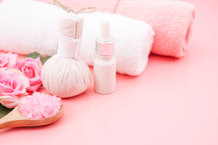 Spa in Pink Color Concept on Pink Rose Background with Free Text Space, Flat Lay Styleの写真素材