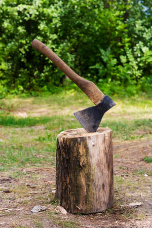 old hatchet in a log