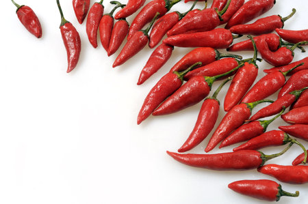 Red hot chili pepper isolated on white background. Top view, flat lay.の写真素材