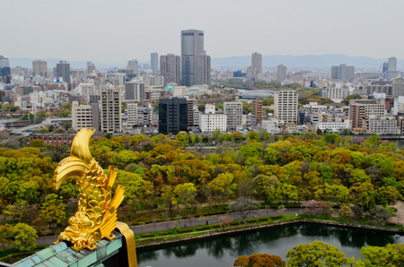 golden killer whale of Osaka Castle and city of Osakaのeditorial素材