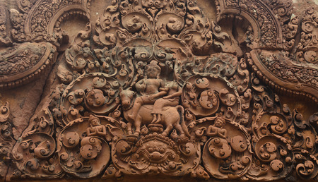 sculpture of Shiva and Uma on Nandi bull at Banteay Sreiの写真素材