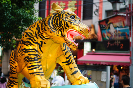 Yellow tiger lantern display at Chinatown at Yokohama, Japan.のeditorial素材
