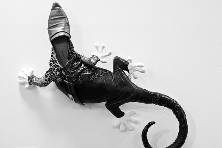 Gecko in recycled material as mixed media art in black and whiteの写真素材