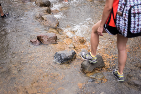 Trekking the shallow river to Mt. Pinatubo. Circa 2016のeditorial素材