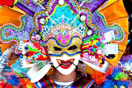 Colorful mask during the dance parade at Masskara Festival, Bacolod City, Philippinesの素材