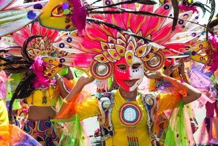 Colorful mask during the dance parade at Masskara Festival, Bacolod City, Philippinesの素材