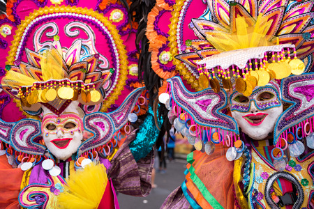 Parade of colorful smiling mask at 2018 Masskara Festival, Bacolod City, Philippines.のeditorial素材