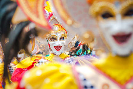 Colorful masks of street dacnce parade performer during Masskara Festival at Bacolod City, Philippines.のeditorial素材