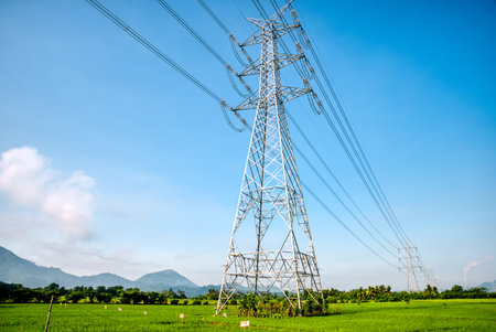 Overhead eletrical transmission line crossing the rice field at Philippine countryside.の写真素材