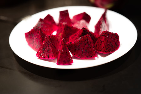 Fresh dragon fluit sliced and served raw.の写真素材