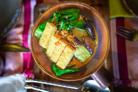 Bowl of vegetable curry plated and ready to serve.の写真素材