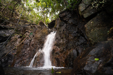 A stunning Diguisit Falls in Aurora cascading down moss-covered rocks in a lush, green forest. The surrounding vegetation and rugged terrain enhance the natural beauty of this peaceful and refreshing wilderness scene.の写真素材