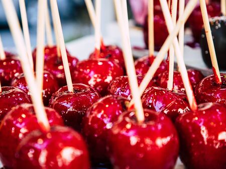 Closeup of shinny red candy applesの写真素材