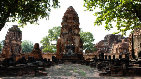 Front view of a Ruined pagoda of the temple ruins of Ayutthaya with trees leavesのeditorial素材