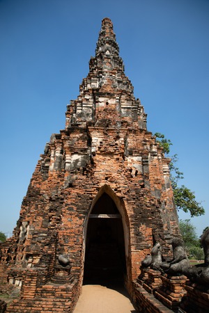 Front view from a pagoda of the temple ruins of Ayutthaya in Thailand with blue sky in the backgroundのeditorial素材