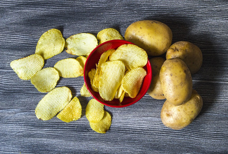 Potato and potato products, fried potato slices, serrated fried potato slices, fried potato chipsの写真素材