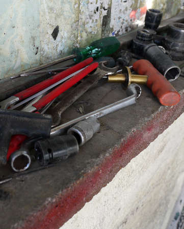 repair tools on shelves in an automobile mechanic, repair tools,