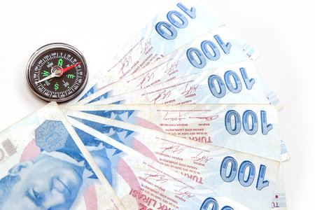 compass and 100 turkish lira close-up. to use Turkish lira for economy and investment, correct and accurate investment,の写真素材