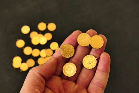Turkish quarter gold, close-up quarter gold, gold market, economic crisis and Turkish quarter gold,の写真素材