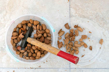 break dry shelled almonds with hammer. hammer and dry almonds,