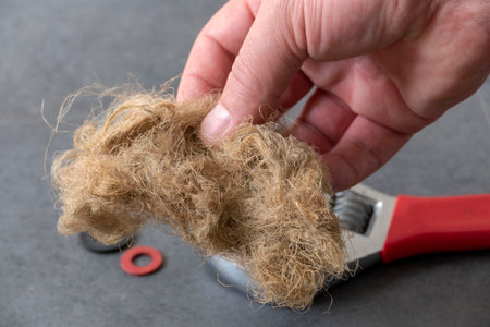 A plumber has a water seal in his hand. On the floor, there is a wrench and a plumbing linen.の写真素材
