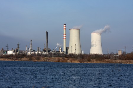 power plant view and small lake with dark blue waterのeditorial素材