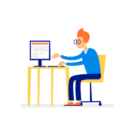 Businessman sitting at the desk working at the computer, laptop, workplace. Vector flat illustration on white backgroundのイラスト素材