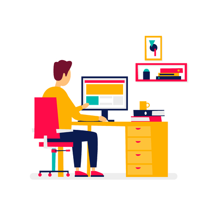 Man working at a computer, character, office, business, programmer. Interior, workplace. Flat style vector illustration.のイラスト素材