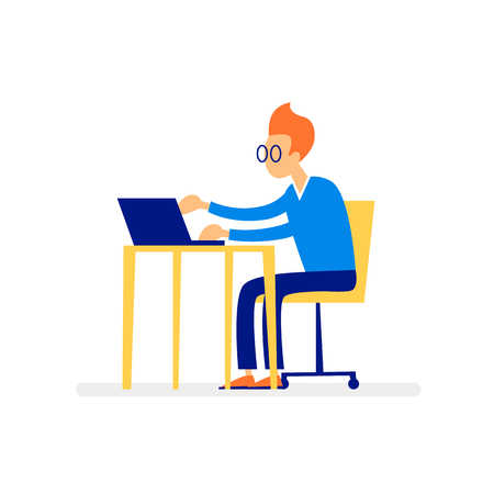 Man working at a computer, character, office, business, programmer. Flat illustration isolated on white background.のイラスト素材