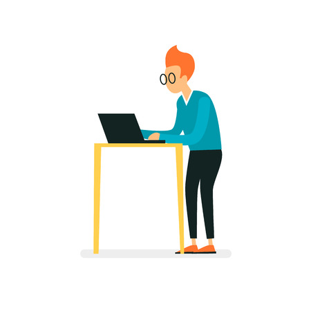 Man working at a computer, character, office, business, programmer. Flat illustration isolated on white background.のイラスト素材