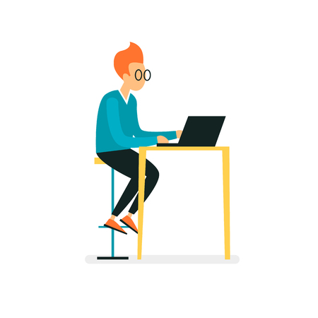 Man working at a computer, character, office, business, programmer. Flat illustration isolated on white background.のイラスト素材