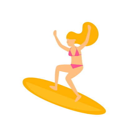 Woman surfing on surfboard. Flat style vector illustration.のイラスト素材