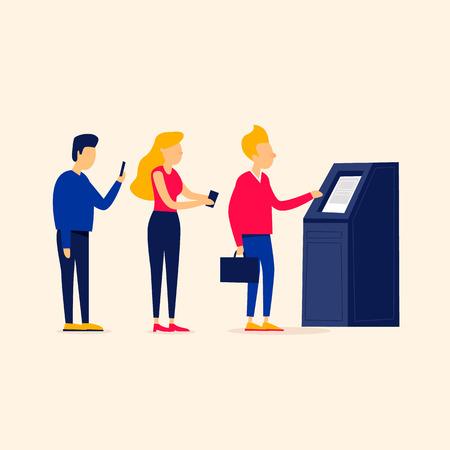 People stand in line at the ATM, withdraw cash, pay bills. Flat style vector illustration.のイラスト素材