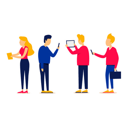 People communicate on the Internet, social networks, mobile phones, tablets. Flat style vector illustration.のイラスト素材